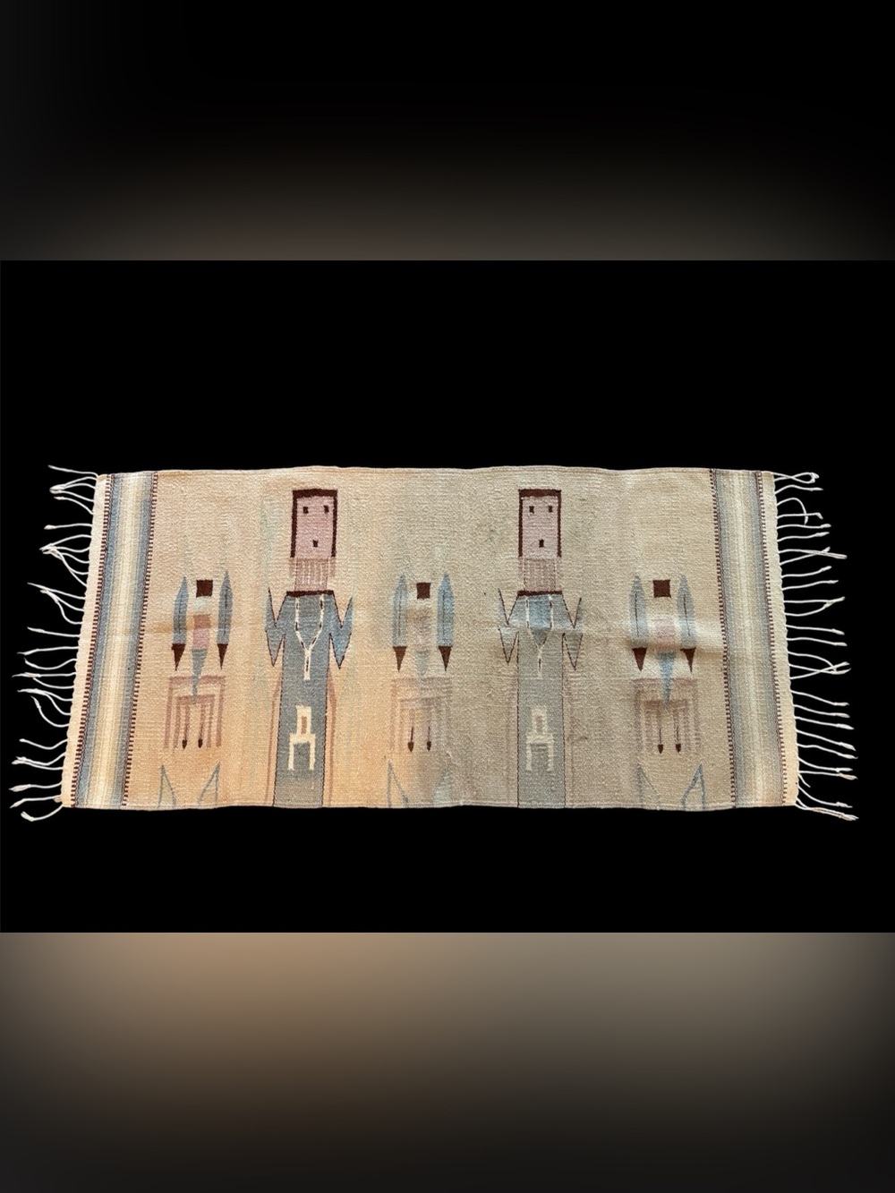 Southwestern Handwoven Runner with Navajo-style Figures in Cream and Light Blue